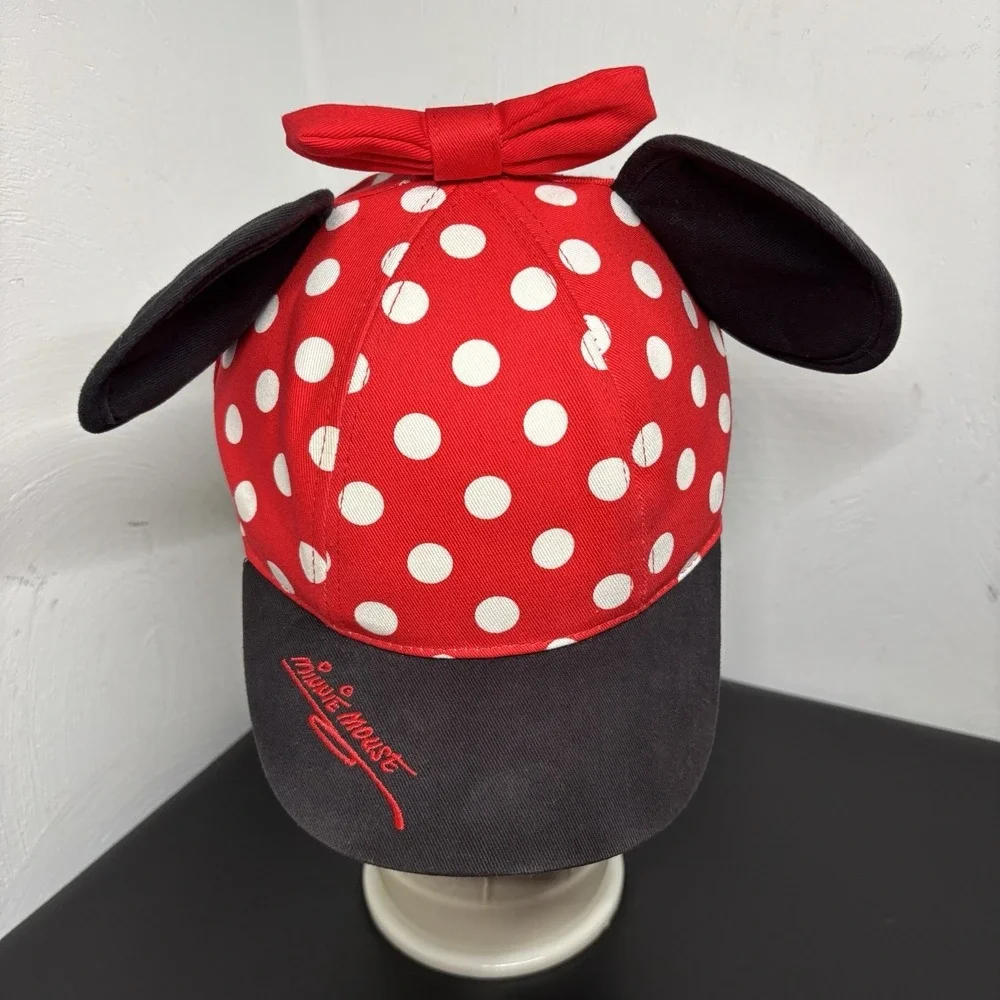 DISNEY Parks Minnie Mouse Hat Cap Ears Bow Snapback Youth Size Red W/ Polka Dots